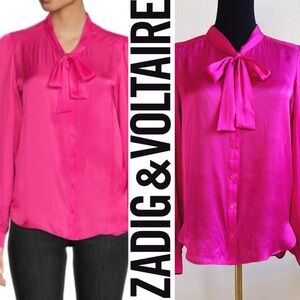 Zadig et Voltaire Taos Satin Blouse | Size XS Hot‎ Pink | Tie Neck Shirt
